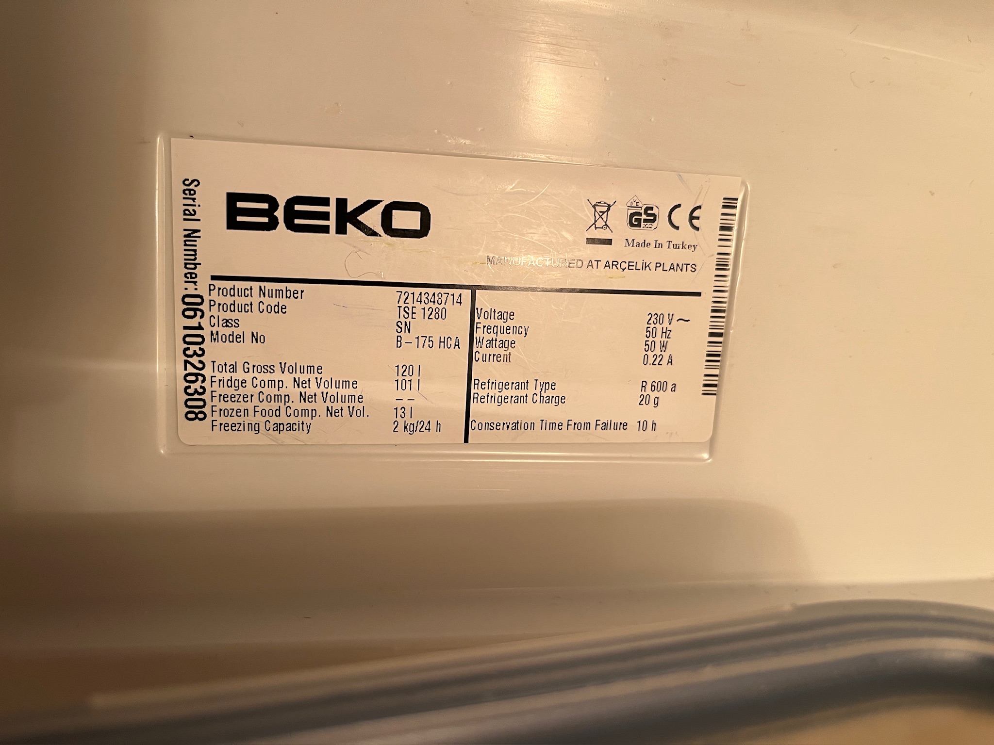SELT / SOLD - Beko kælir, H85;x B55;x D55;sm. 6