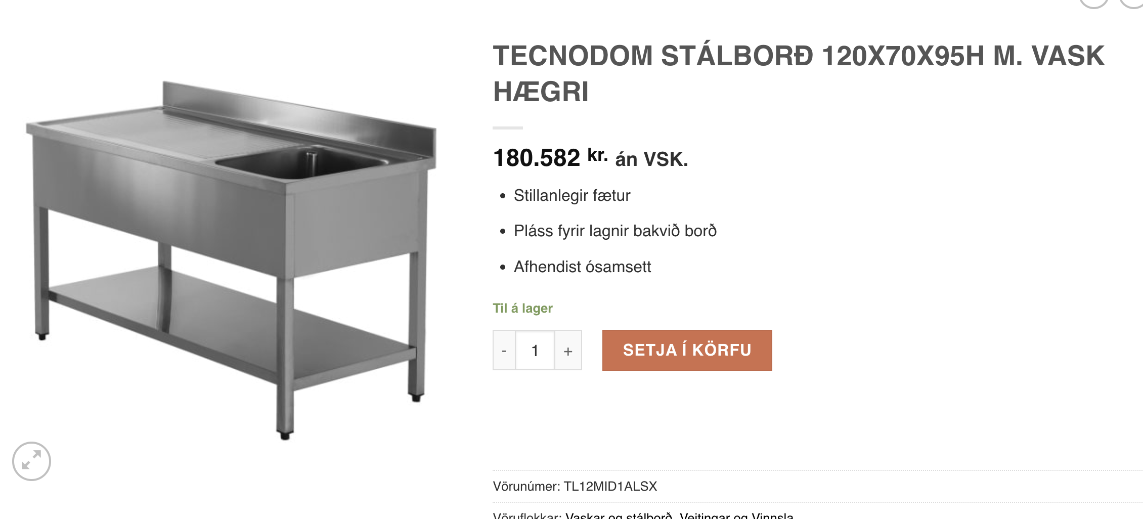 SELT / SOLD Stálvaskborð m.blöndunartæki 120x75xH90 með kant 11