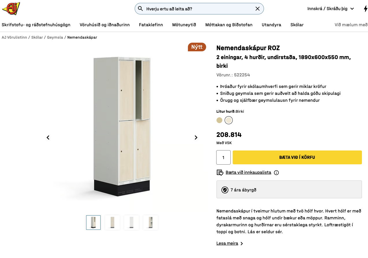 SELT / SOLD Starfsmannaskápur frá AJ Vörulistanum, H189xB60xD55sm. 6