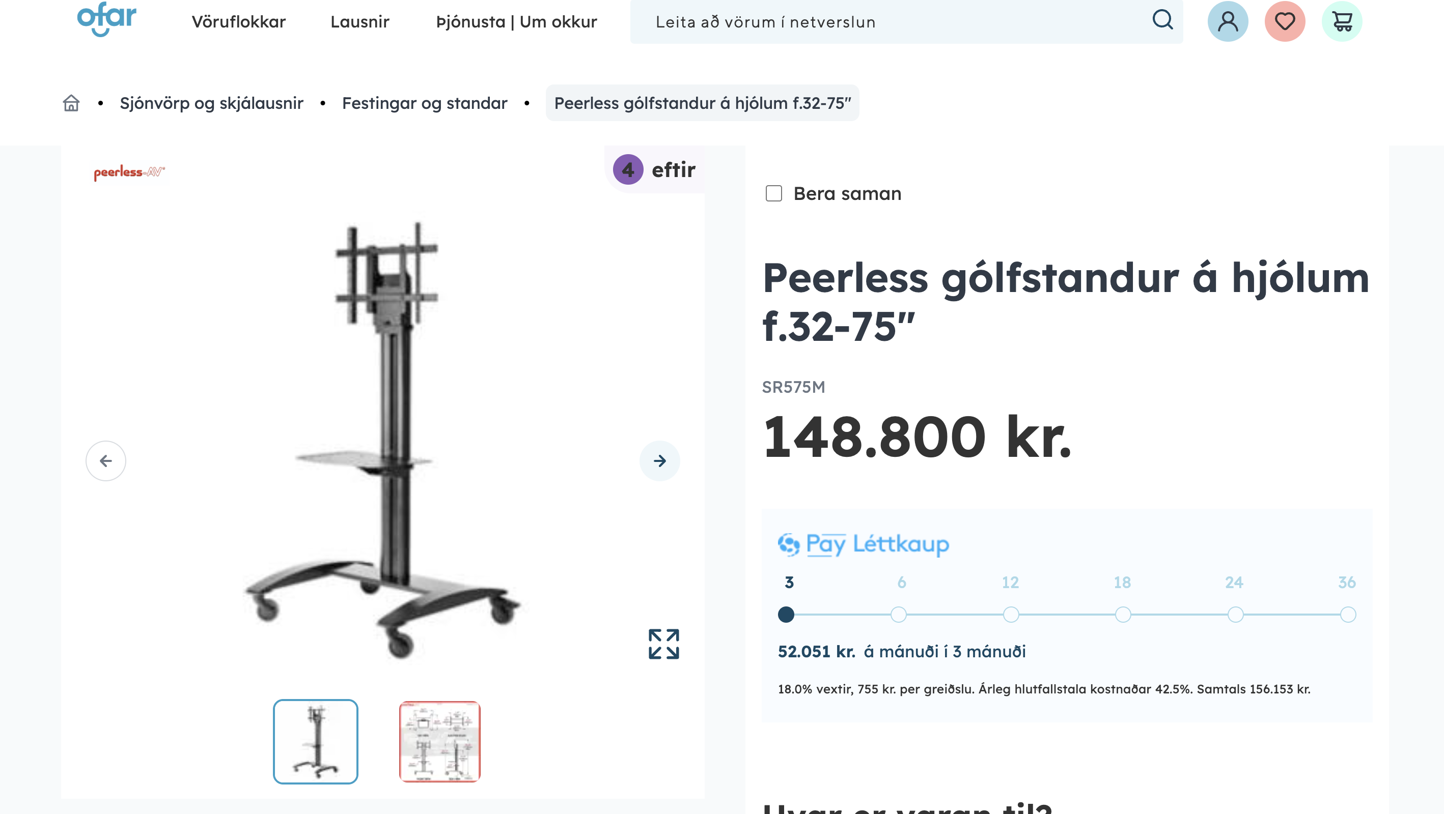 SELT / SOLD Peerless gólfstandur á hjólum f.32-75" frá Ofar 8