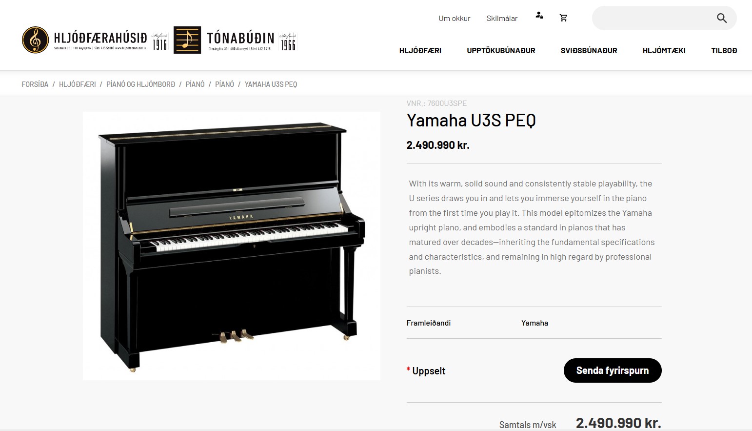 SELT / SOLD - Glæsilegt Yamaha U3AS UPRIGHT PIANO Black 2