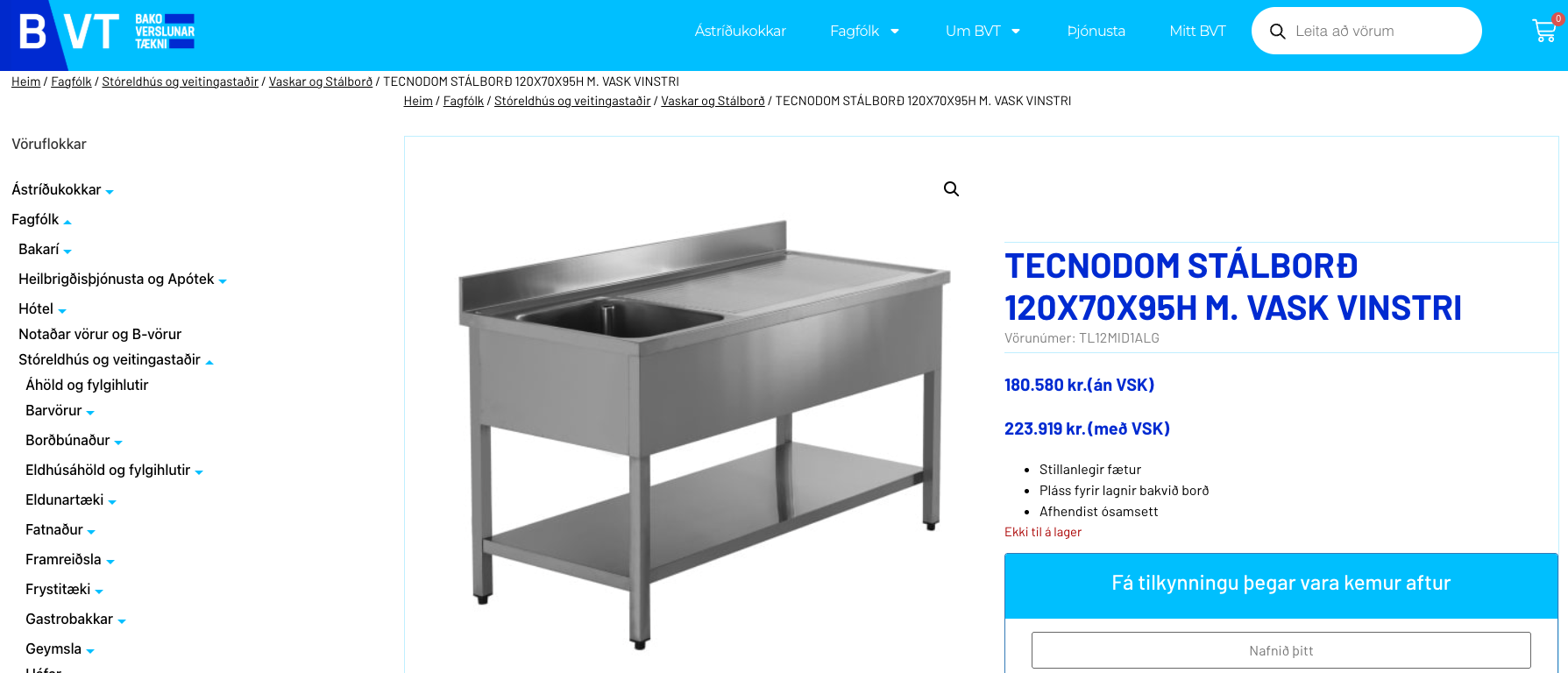 SELT / SOLD Tecnodom stálborð m/vaski og kanti, B120xD70xH95sm. 6