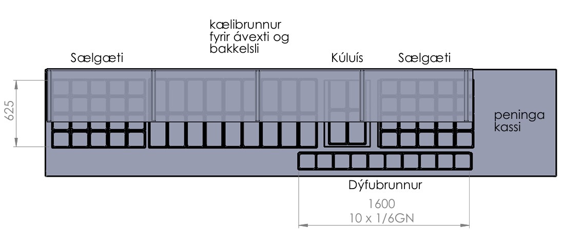 SELT / SOLD Kæliborð hitaborð FROSTVERK 4.8 metrar mötuneytislína 13