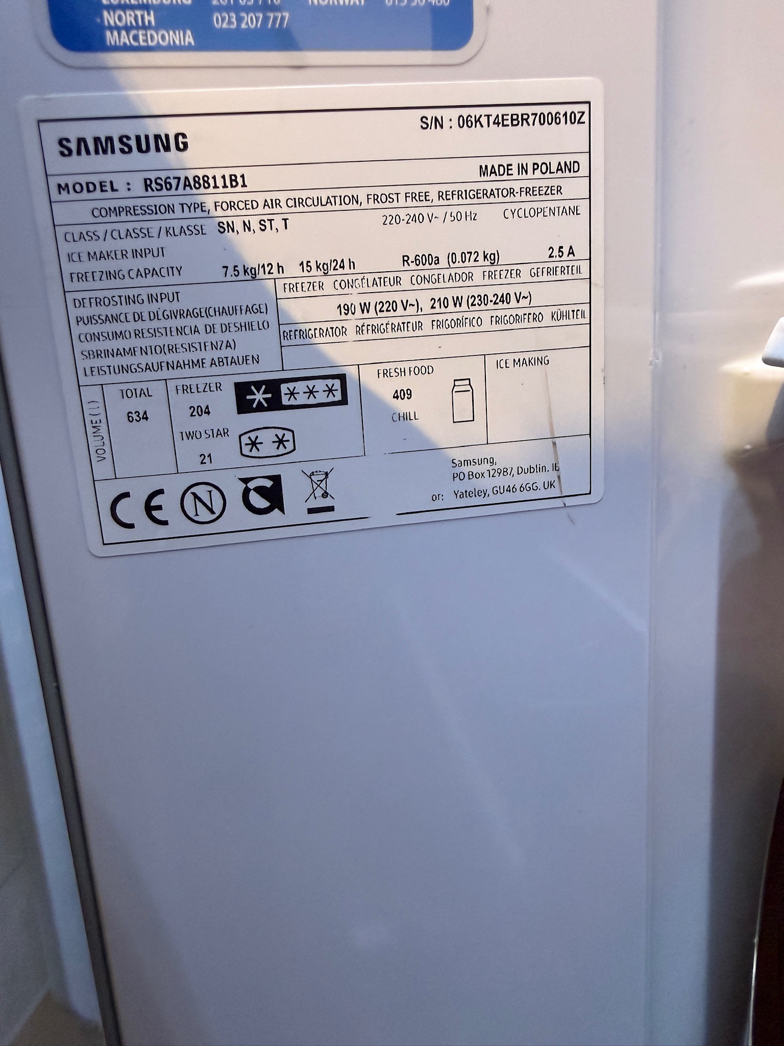 SELT / SOLD - Samsung ísskápur með frysti, H178sm. 12