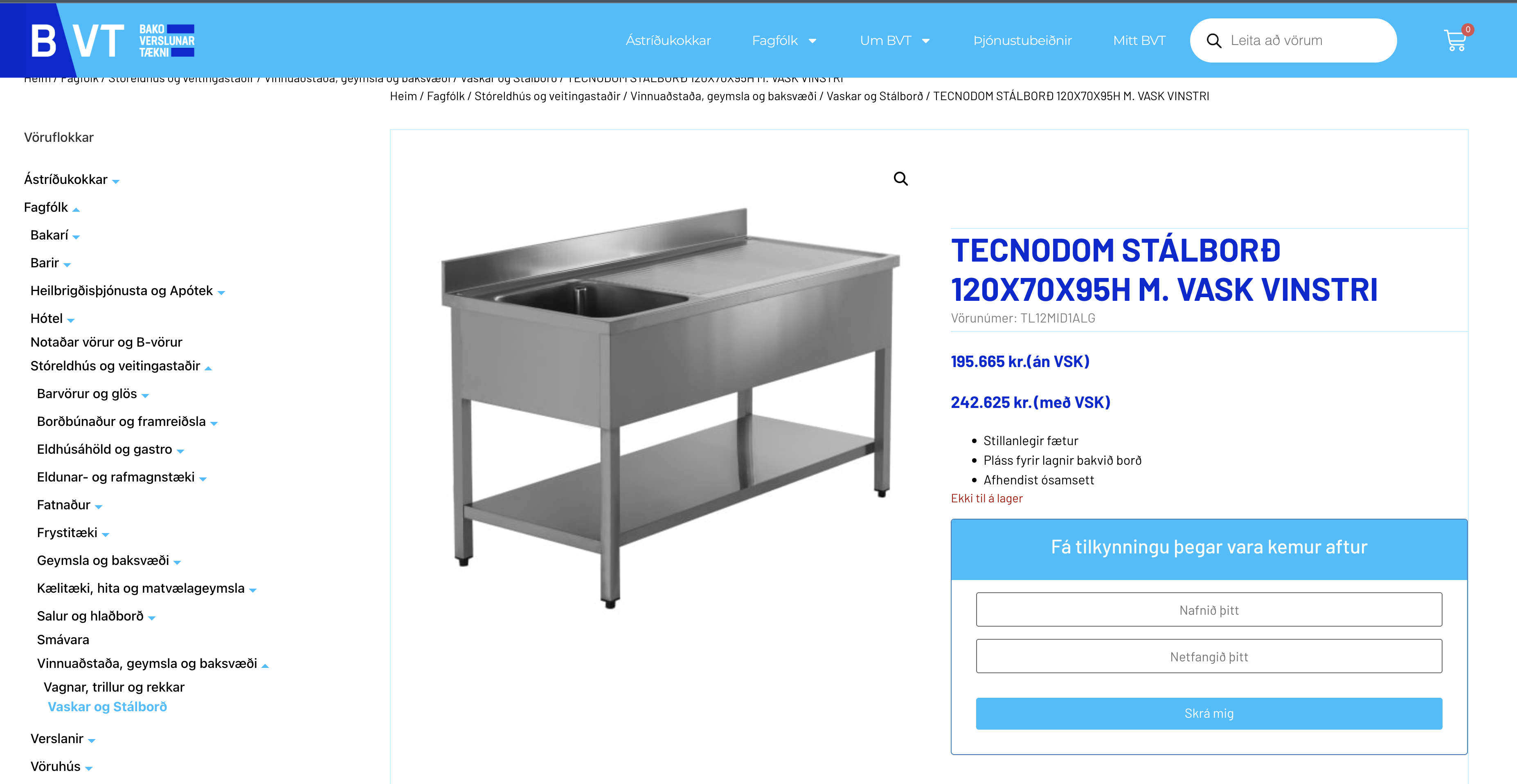 SELT / SOLD Stálborð m/vaski, blöndunartæki og kanti, B120xD70xH95sm. 11