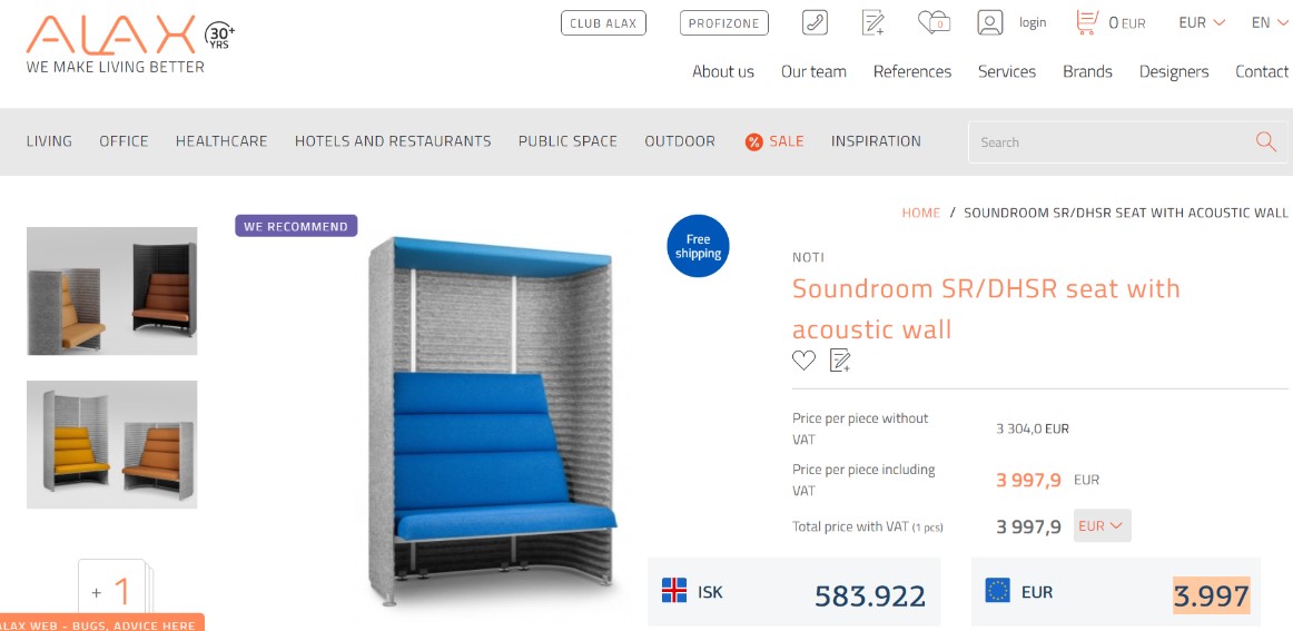 SELT / SOLD NOTI hljóðvistarsófi, símasófi, næðissófi B134 x D78 x H191 sm. 9