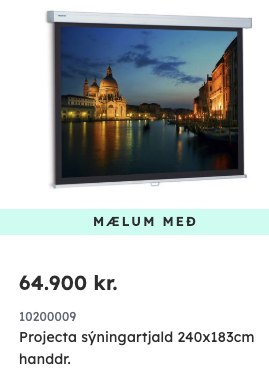 SELT / SOLD Projecta sýningartjald með veggfestingu frá Ofar, B245xH180sm. 3
