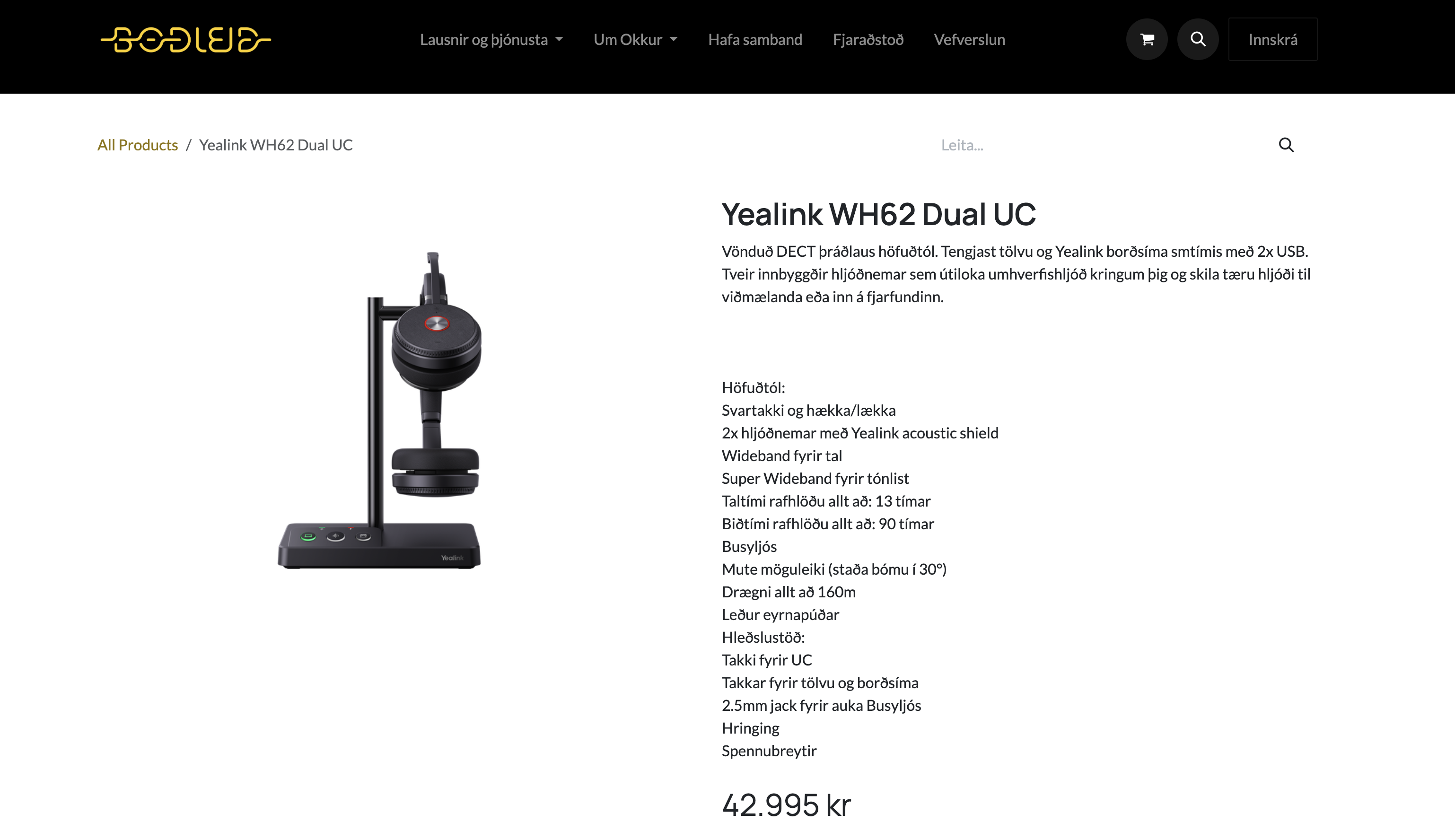 SELT / SOLD Yealink þráðlaust heyrnartól með hleðslustöð - PLAY 8