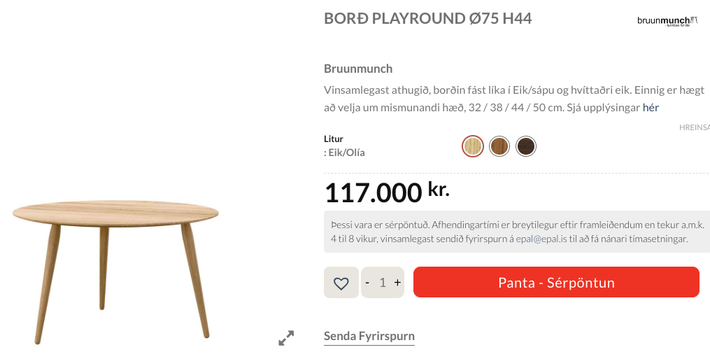 SELT / SOLD Bruunmunch stofuborð frá Epal, Ø75 x H50/44 sm. 9