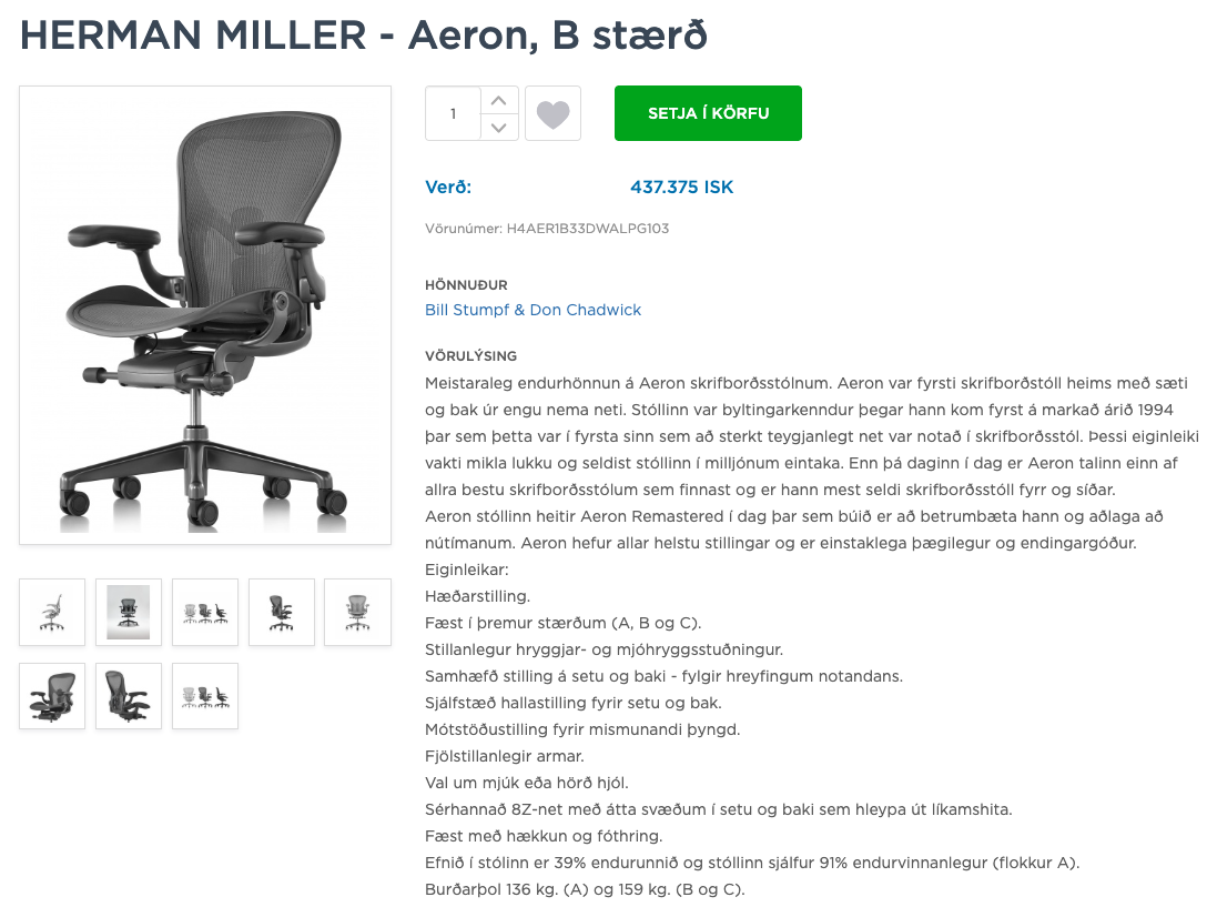 SELT / SOLD Herman Miller Aeron, B stærð 8