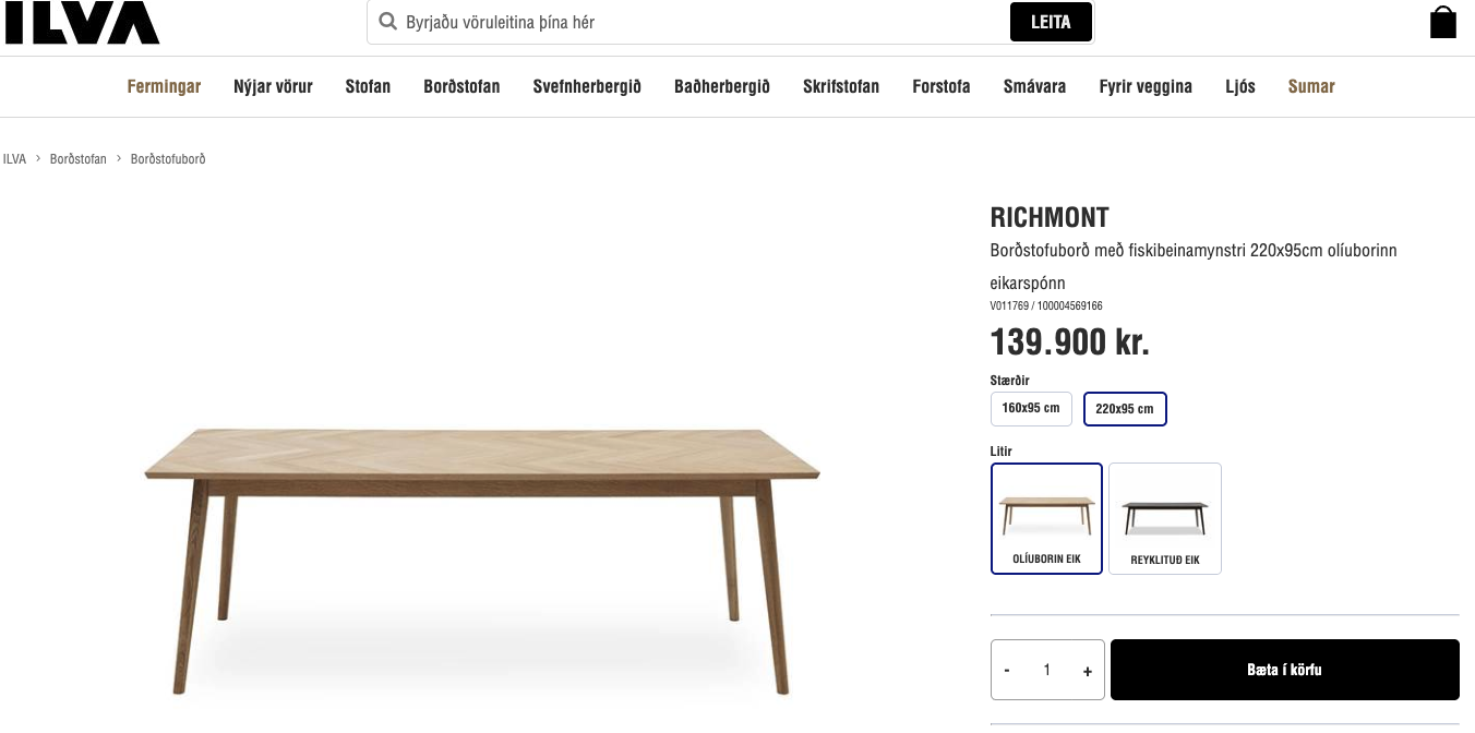 SELT / SOLD Borðstofuborð frá Ilvu, L220xB95sm. 6