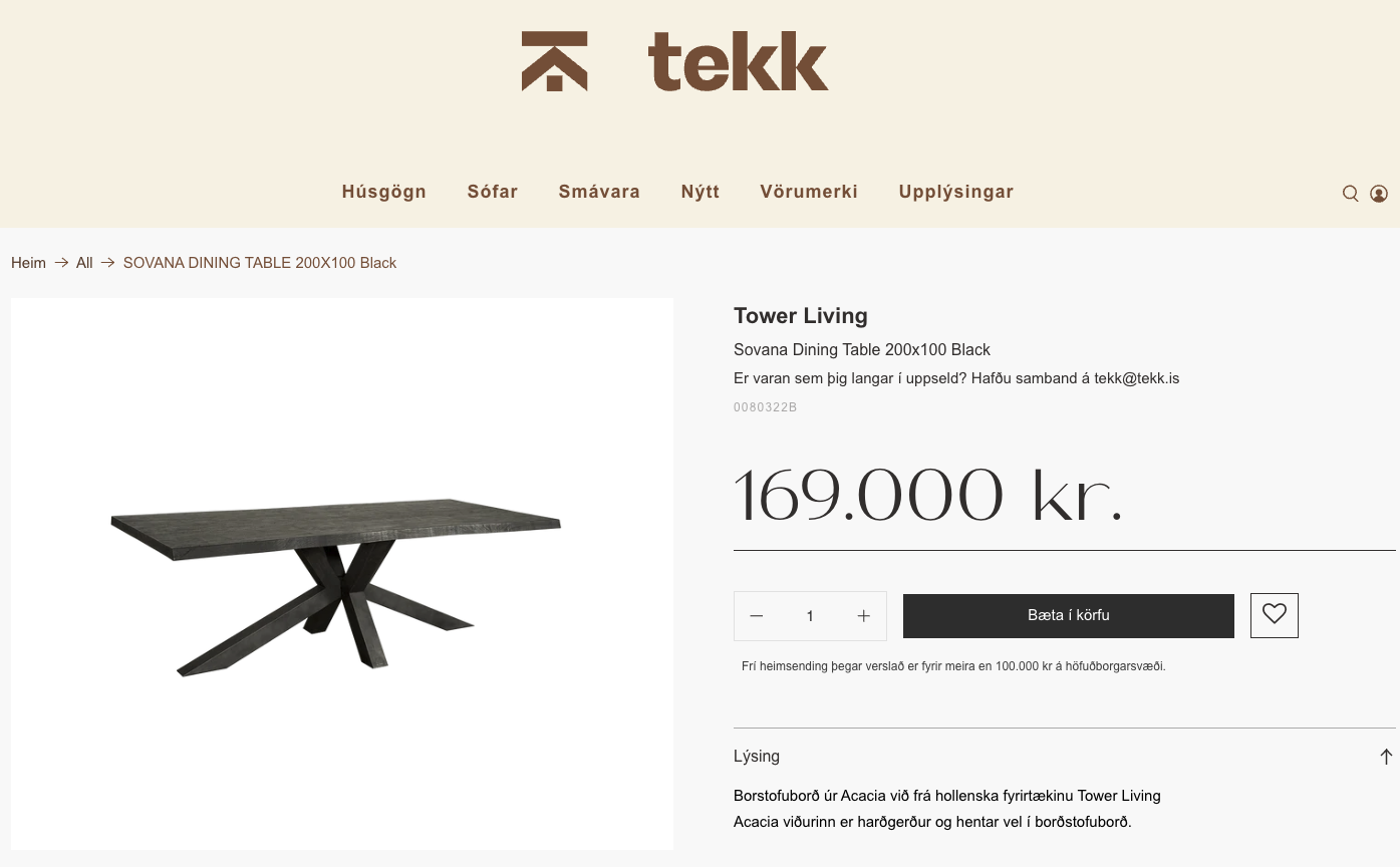 SELT / SOLD Tower Living borðstofuborð frá Tekk, L200xB100sm. 6