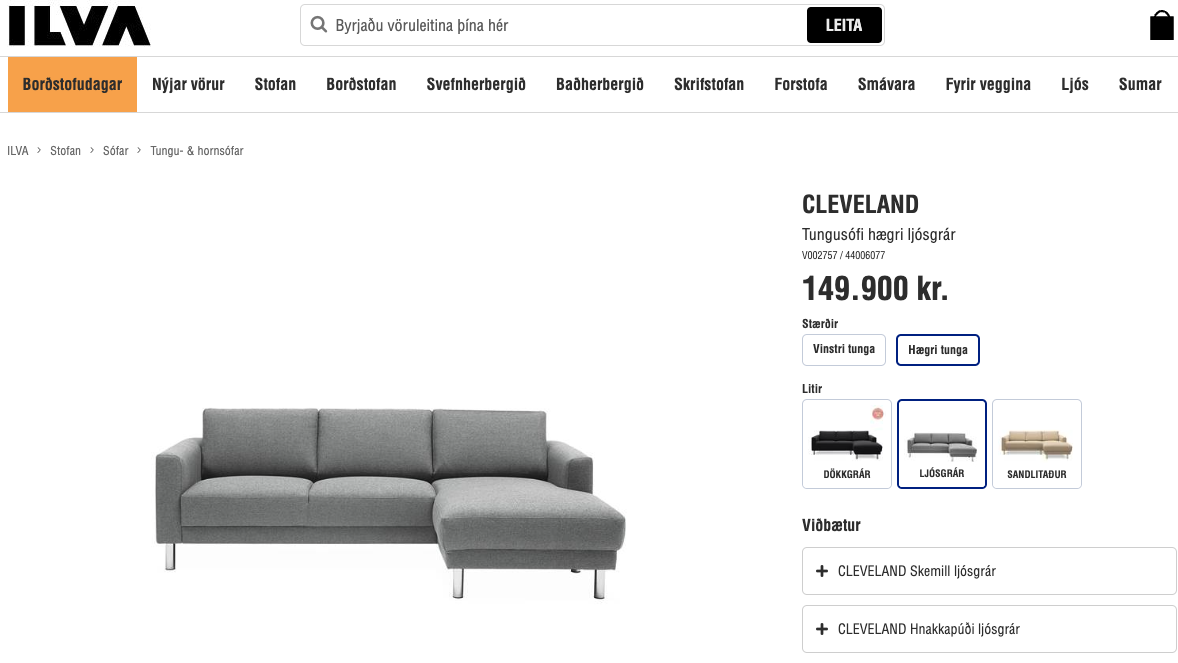 SELT/SOLD Hornsófi frá Ilvu, B230 x D140 x H81 sm. 5