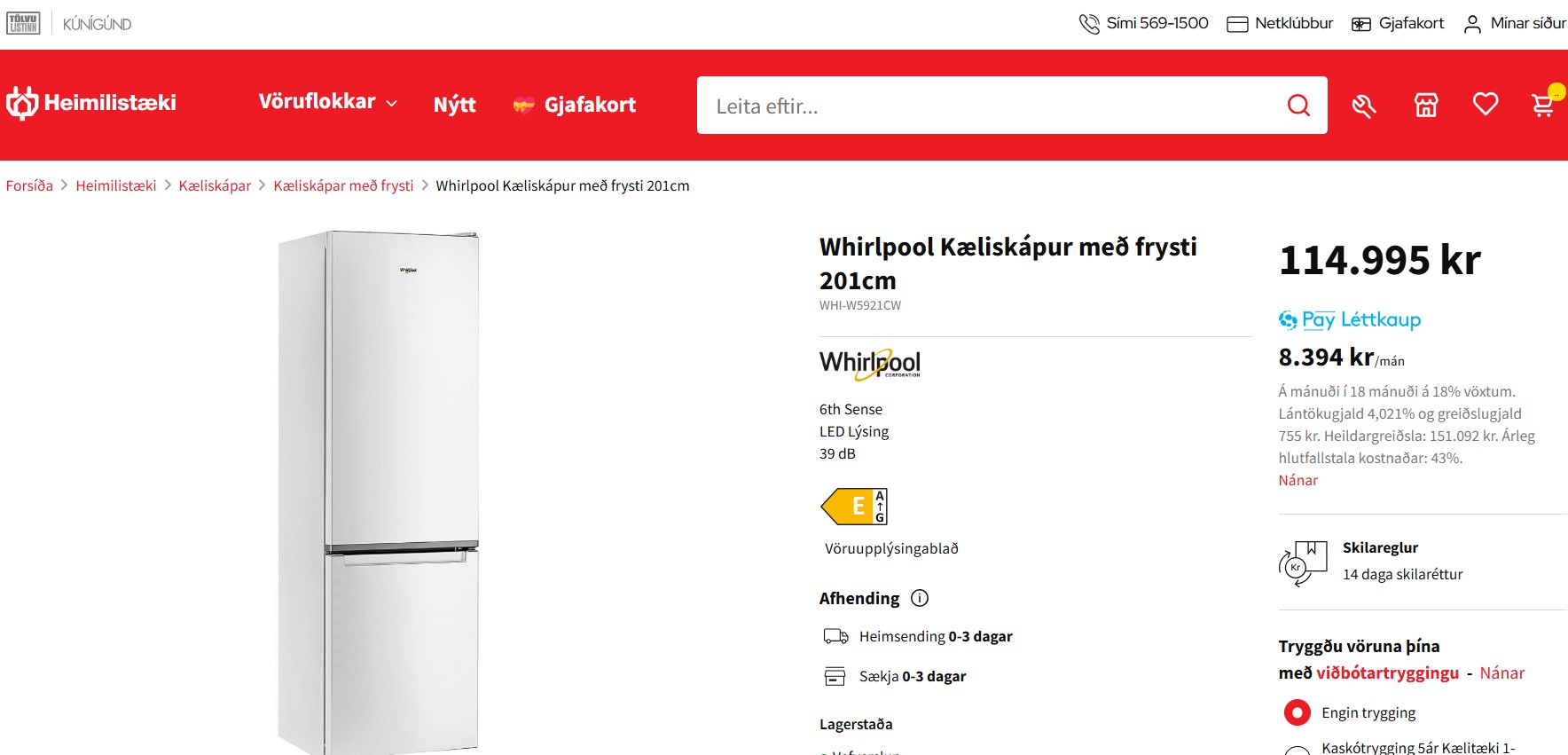 SELT / SOLD Whirlpool ísskápur og frystir 201 sm. 3