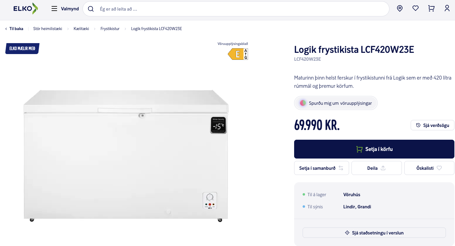SELT / SOLD Logik frystikista frá Elko, 420ltr. 8