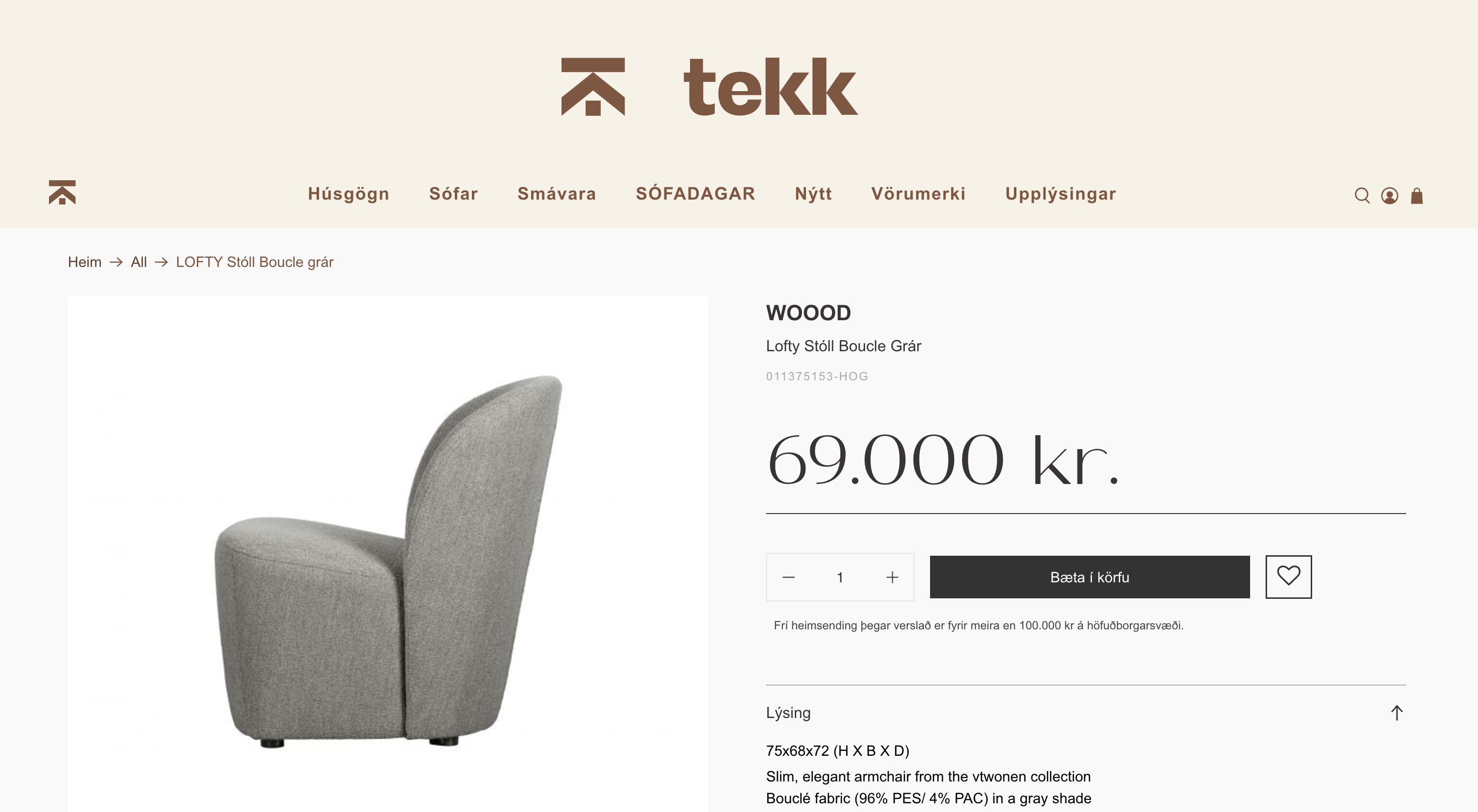 SELT / SOLD WOOOD lofty stóll boucle grár frá Tekk - PLAY 5