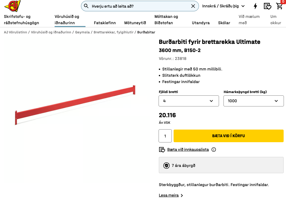 Burðarbiti fyrir brettarekka Ultimate frá AJ, 360 sm. (4 stk.) 2