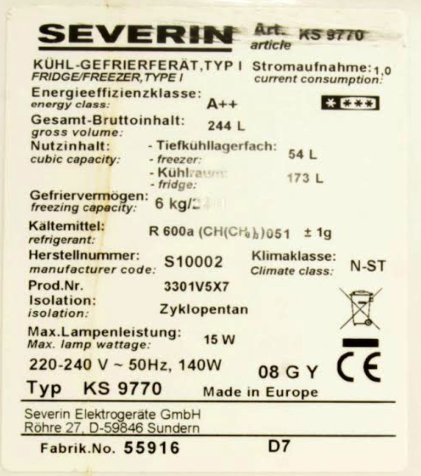 SELT - Severin ísskápur m. frysti 244L 6