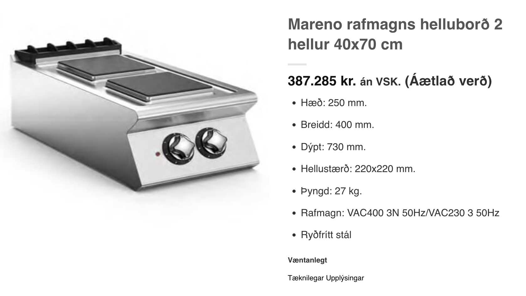 SELT / SOLD Mareno rafmagns helluborð 2 hellur 40x70 cm 4