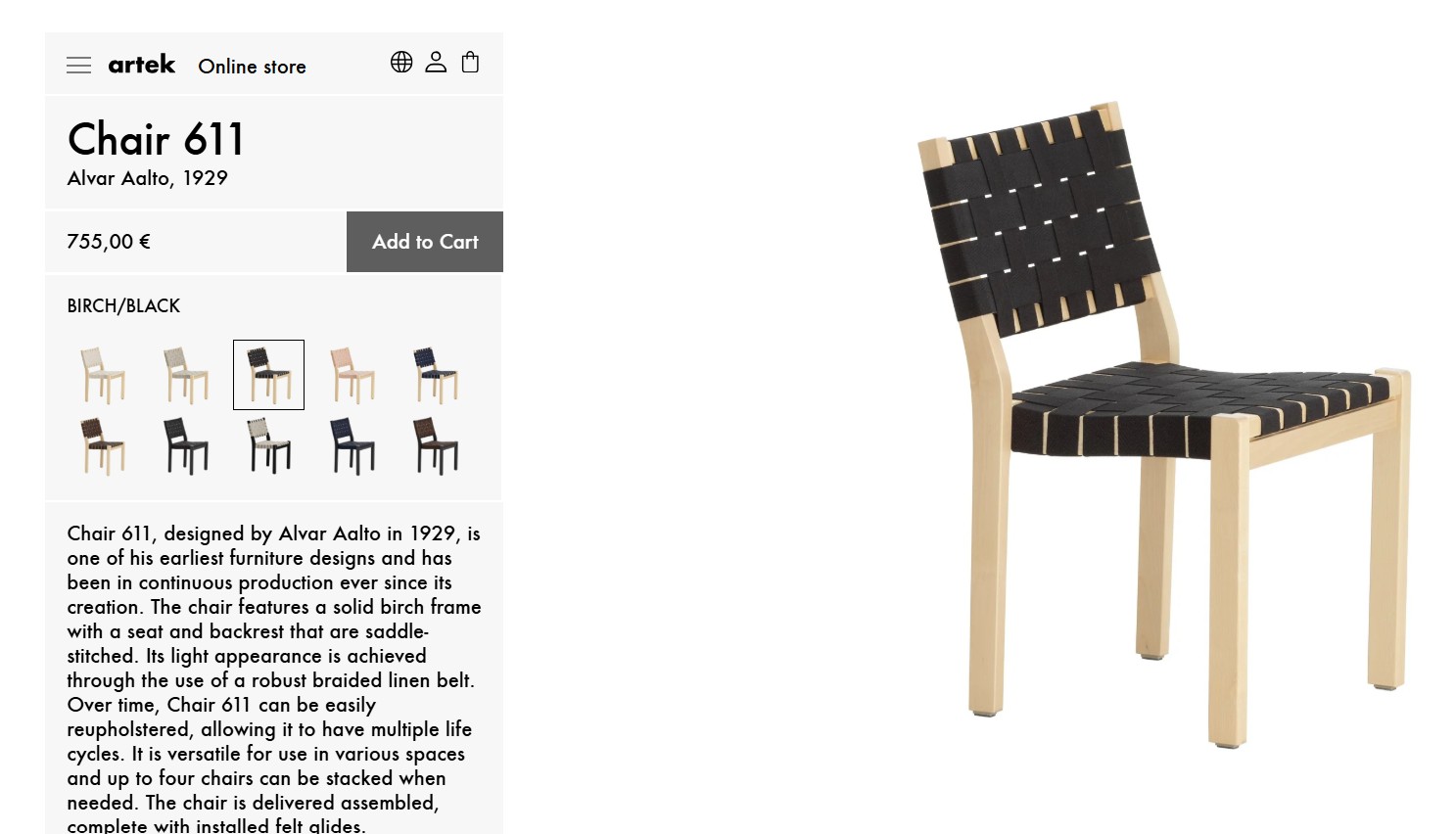 SELT / SOLD - Alvar Aalto stólar 611, birki - svartur - leður - Artek (26 stk.) 10