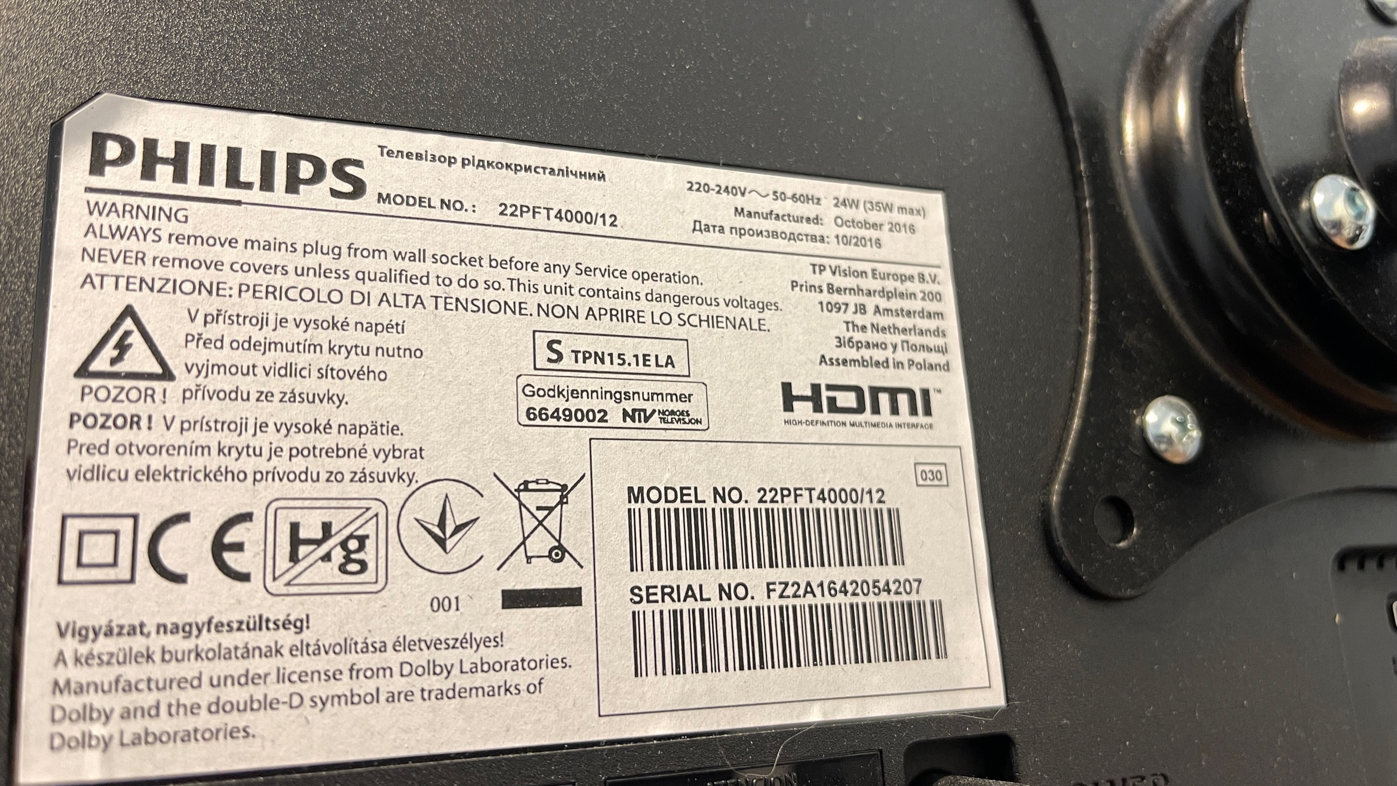 SELT / SOLD Philips flatskjár með armi, Full HD LED TV, 22" 6