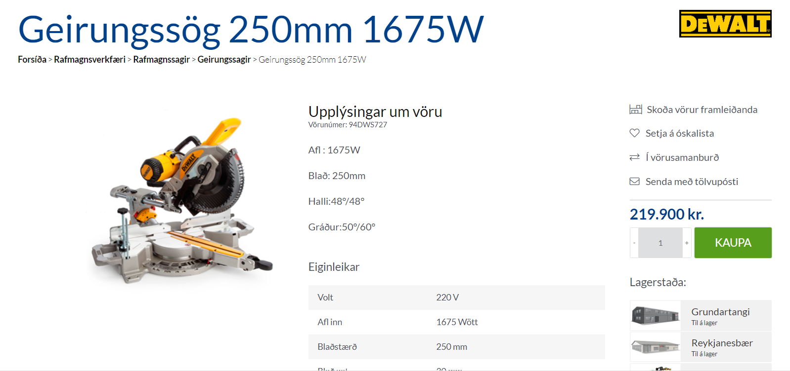 SELT / SOLD Öflug Dewalt DWS727 Geirungssög 250mm 1675W - framlenging 2