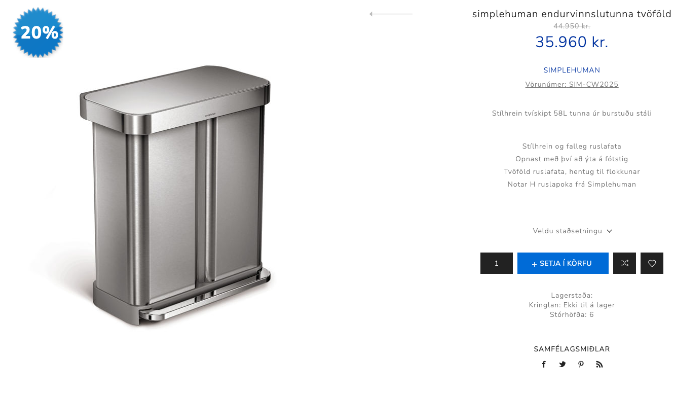 SELT / SOLD Simplehuman endurvinnslutunna frá Eirberg, tvöföld 5