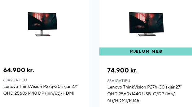SELT / SOLD Lenovo ThinkVision QHD tölvuskjáir á Roline armi, 27'' 6