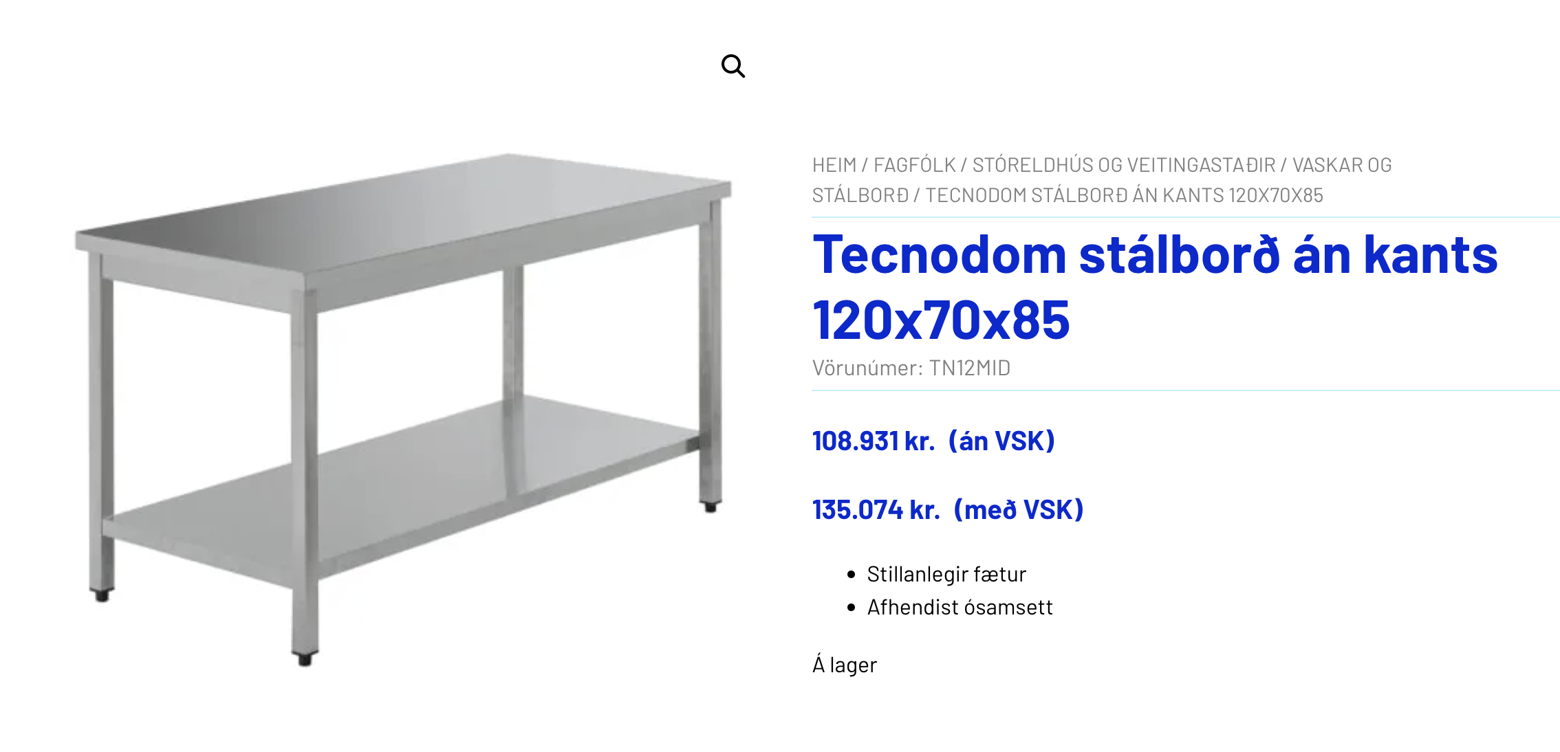 SELT / SOLD Fastus ryðfrítt stálborð, B130 x D60 x H88 sm. 3