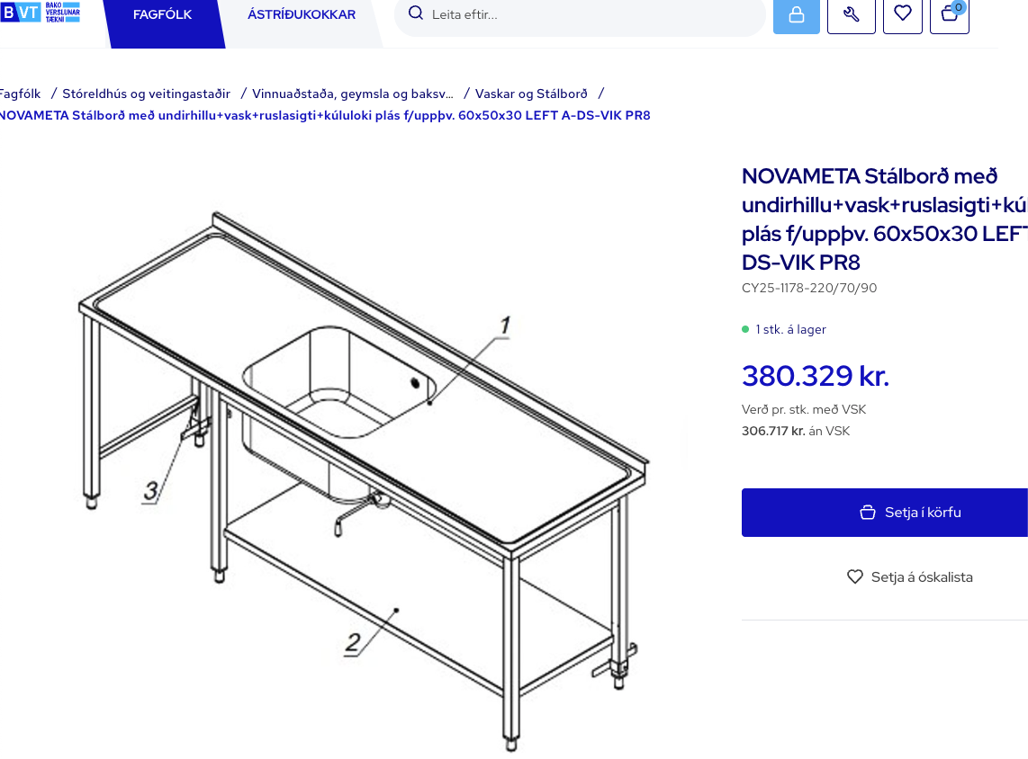 SELT / SOLD Stálborð með vask, kanti undirhillu og ruslasigti, B250sm. 6