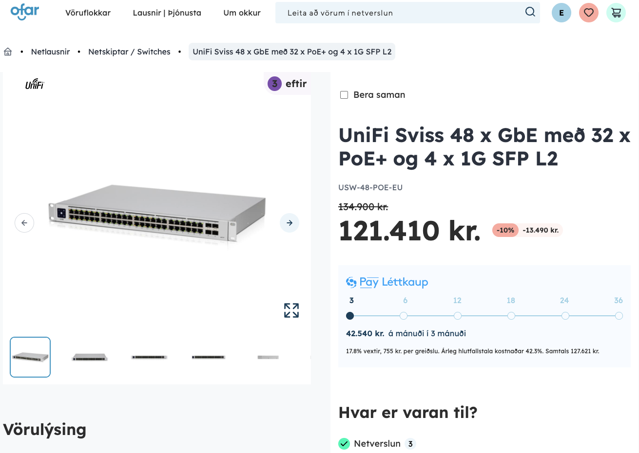 SELT / SOLD UniFi USW 48 PoE sviss frá Ofar 4