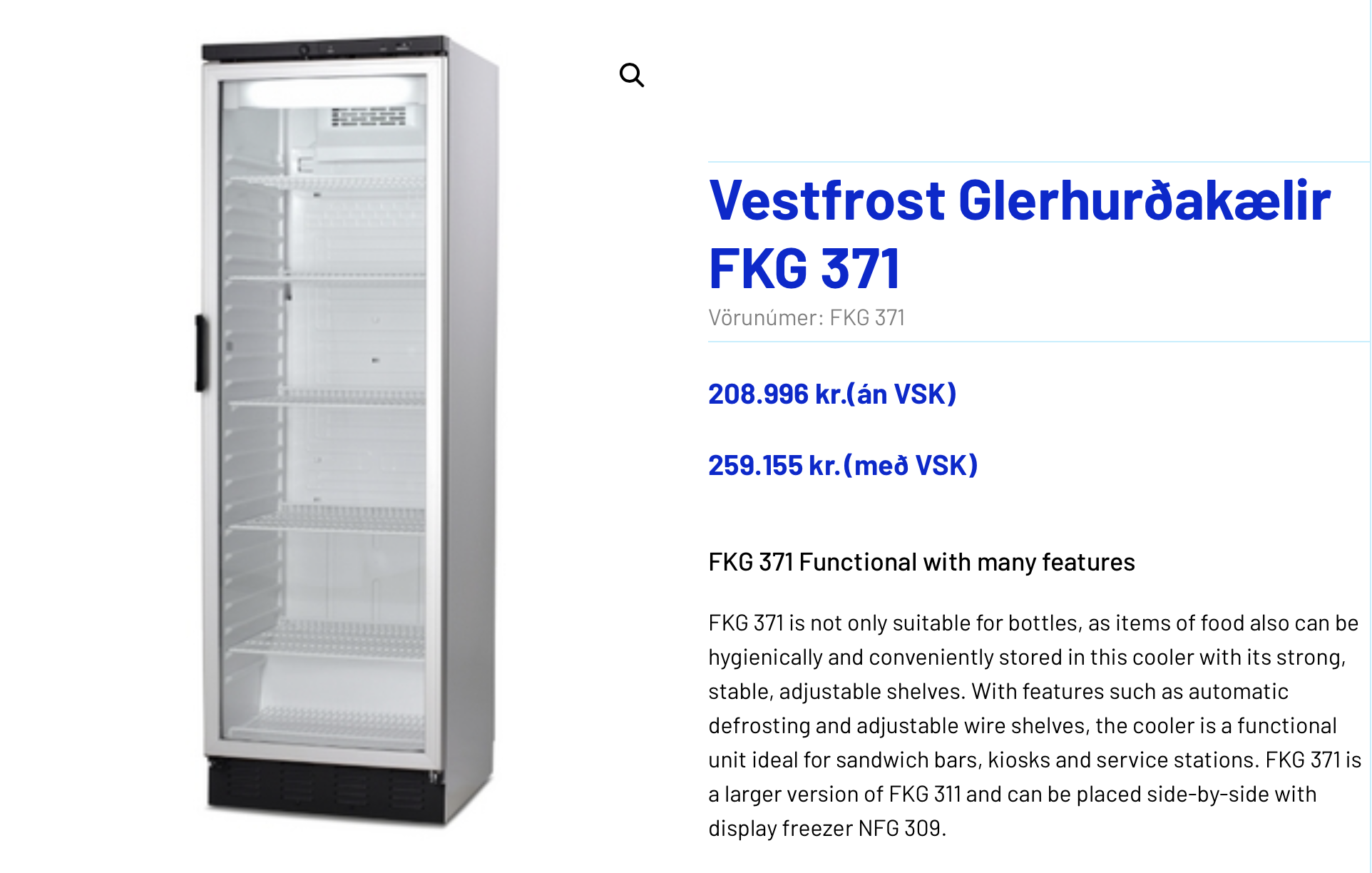 SELT / SOLD Vestfrost glerhurðakælir frá BVT 7