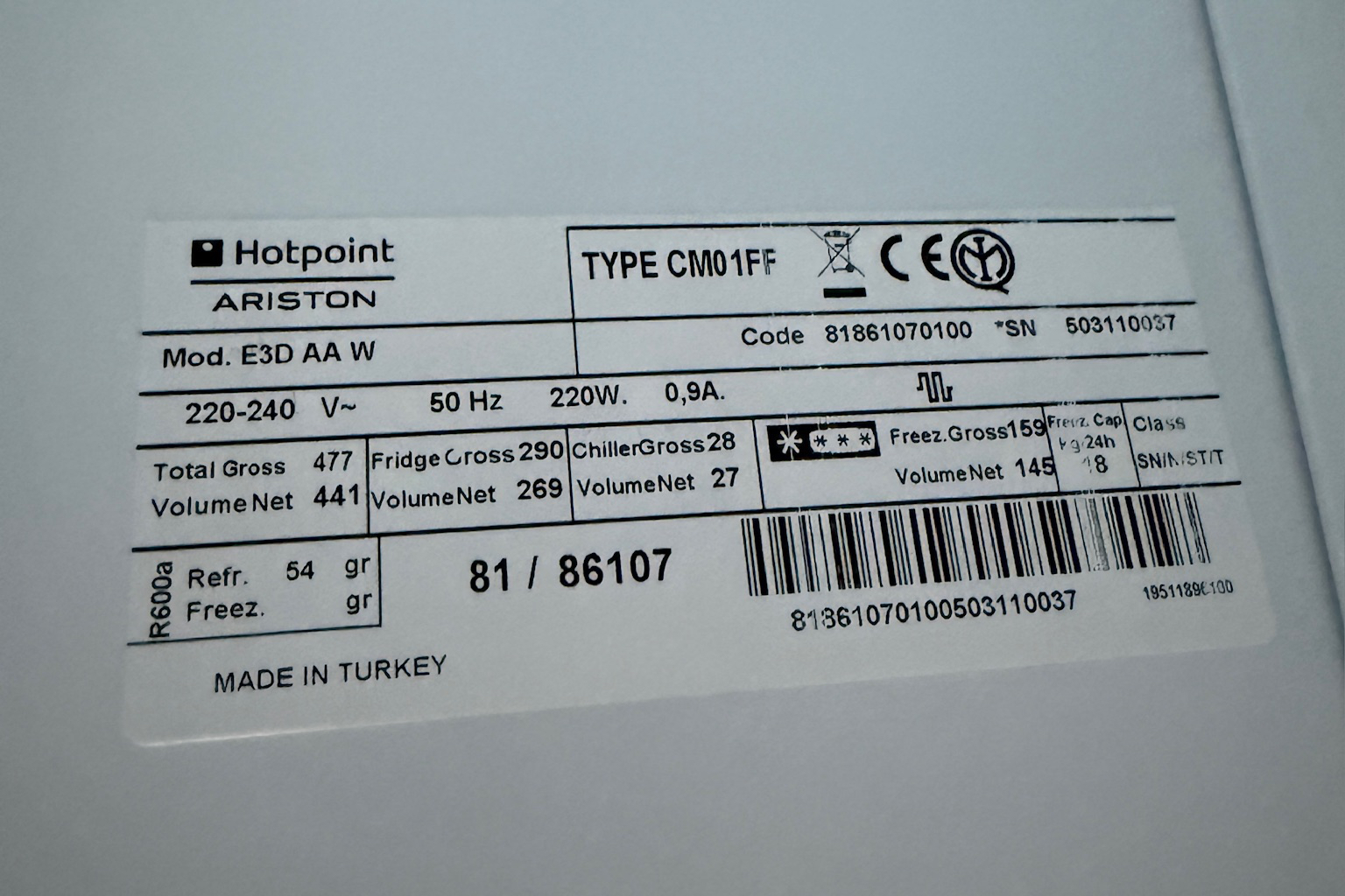 SELT / SOLD Hotpoint Ariston tvöfaldur kæliskápur með frysti 7