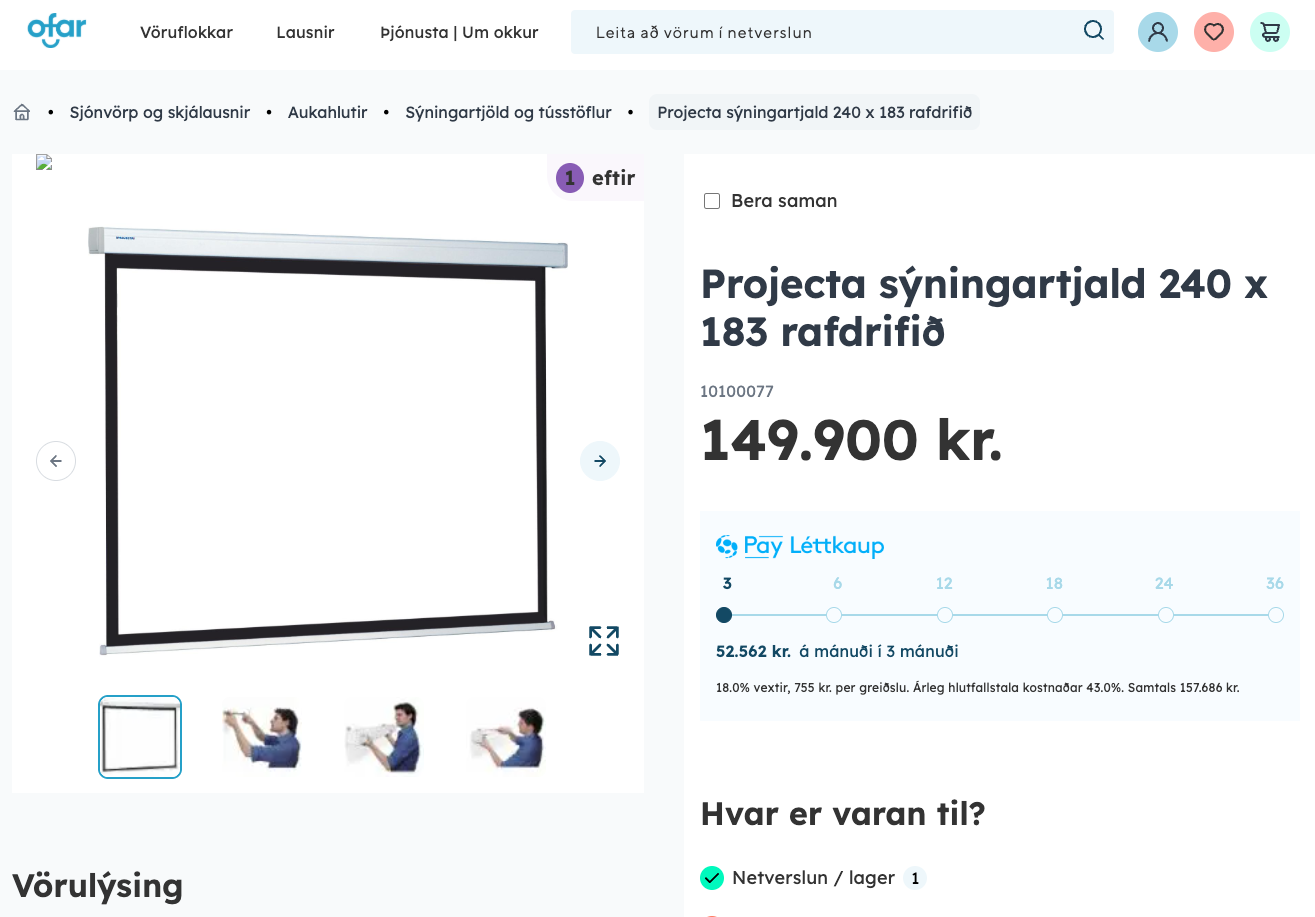 SELT / SOLD OmniTech rafdrifið sýningartjald, B244xH160sm. 3