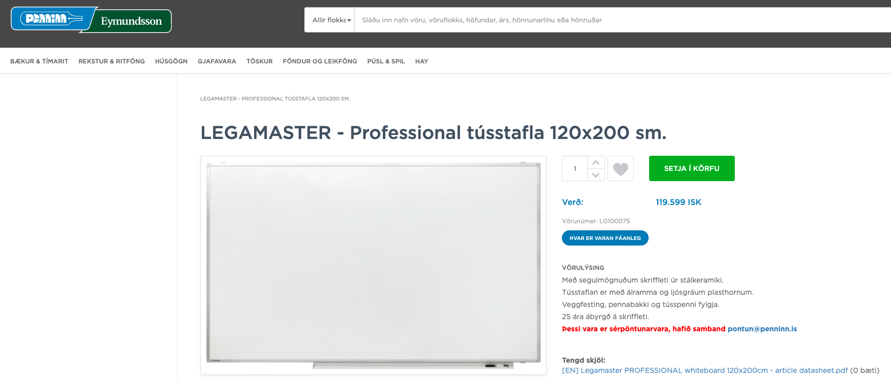 SELT / SOLD Legamaster tússtafla, B200 x H120 sm. 5