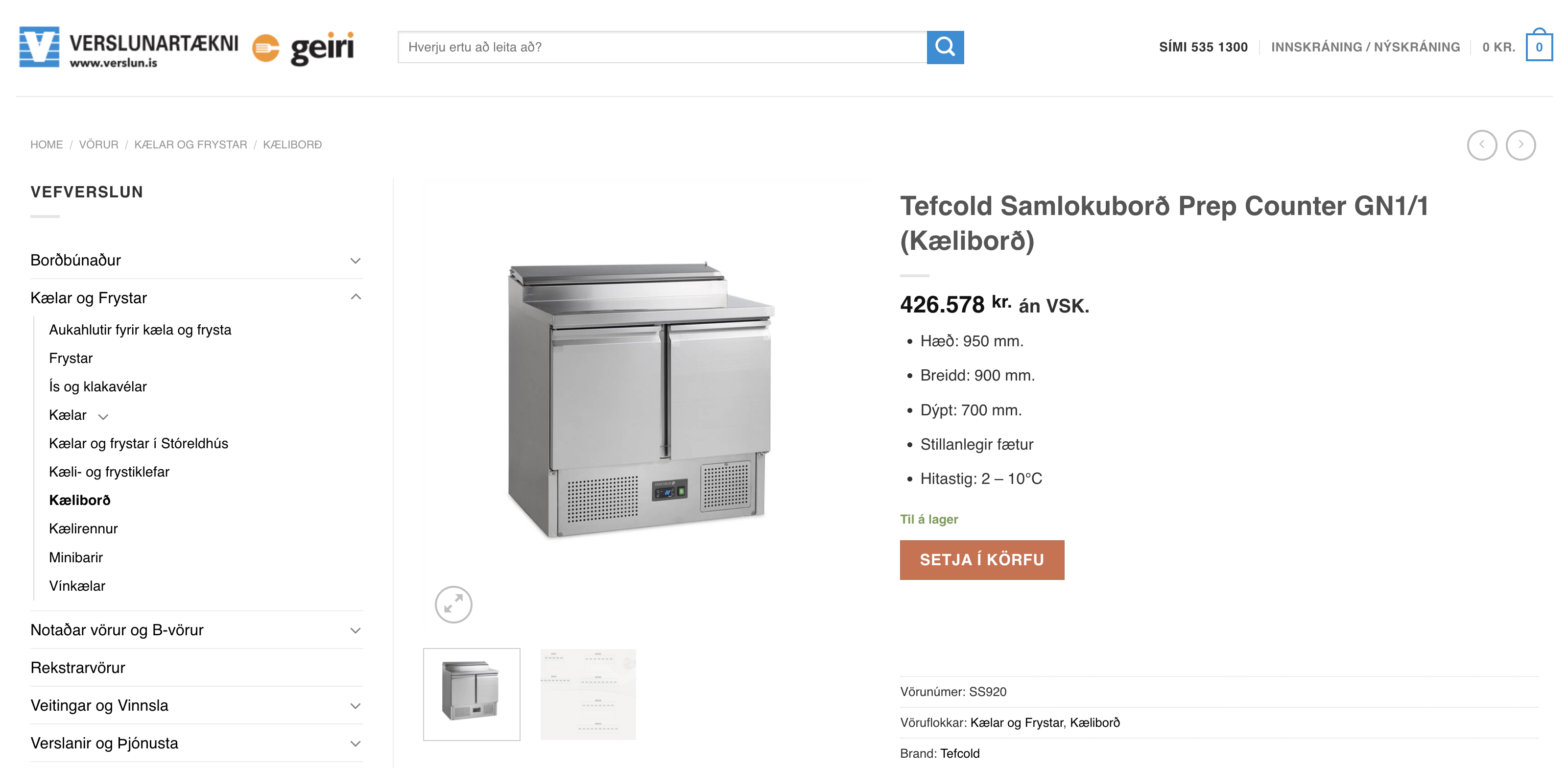 SELT / SOLD Tefcold Samlokuborð Prep Counter kæliborð 13