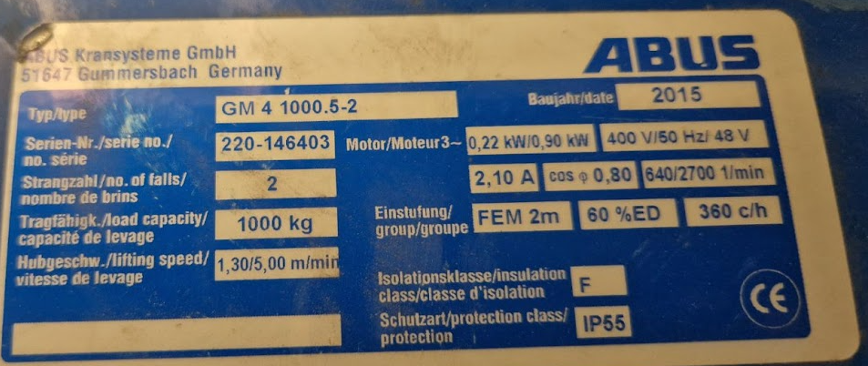 SELT / SOLD Talía - ABUS - vel með farin rafdrifin keðjutalía 5