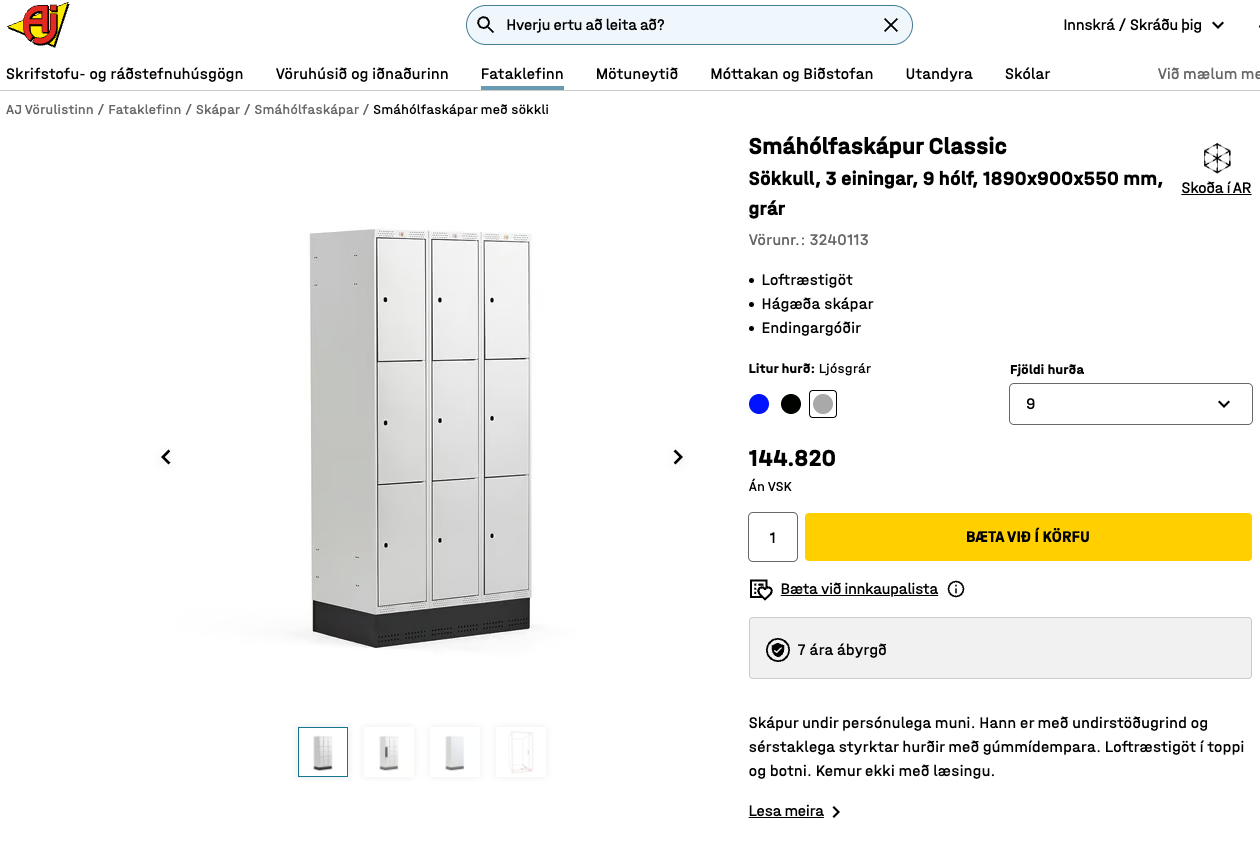 SELT / SOLD Starfsmannskápur, 9 hólf, H189xB90xD55sm. 8