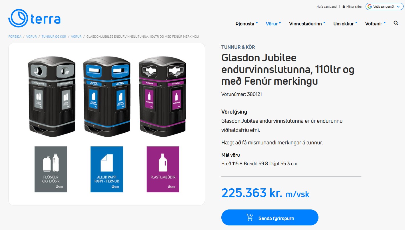 SELT / SOLD Vandaðar Glasdon ruslatunnur frá Terra 110 lítra. 8 stk. 2