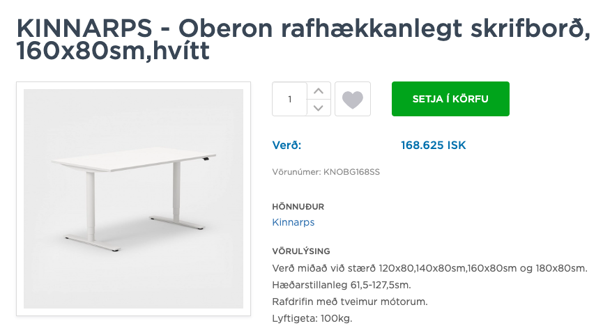 SELT / SOLD Kinnarps rafmagnsborð frá Pennanum, B180xD80sm. - Selfoss 2