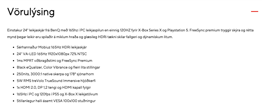 SELT / SOLD BenQ Mobiuz leikjaskjár, 24", FHD, 165Hz, HDRi, VA 8