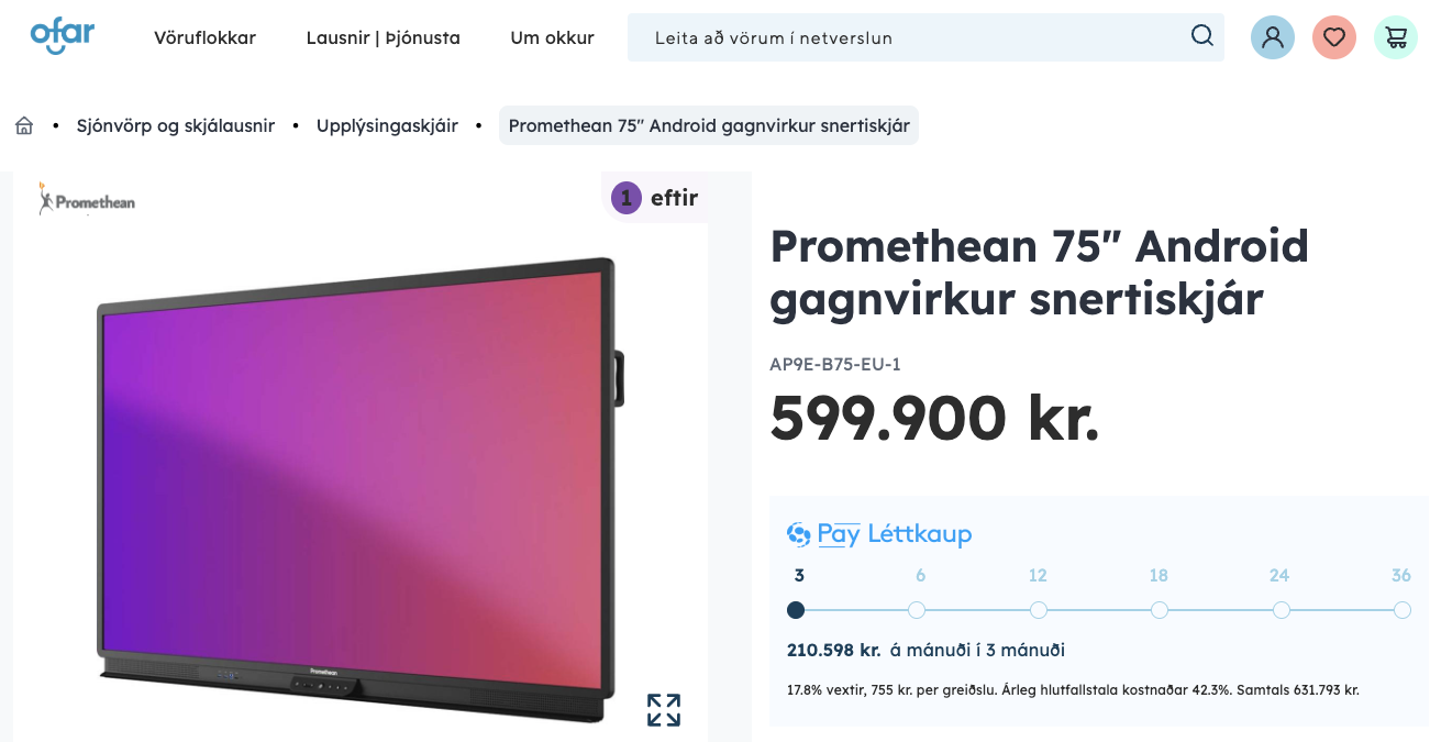 Promethean gagnvirkur snertiskjár frá Ofar, 75'' (3 stk) 4