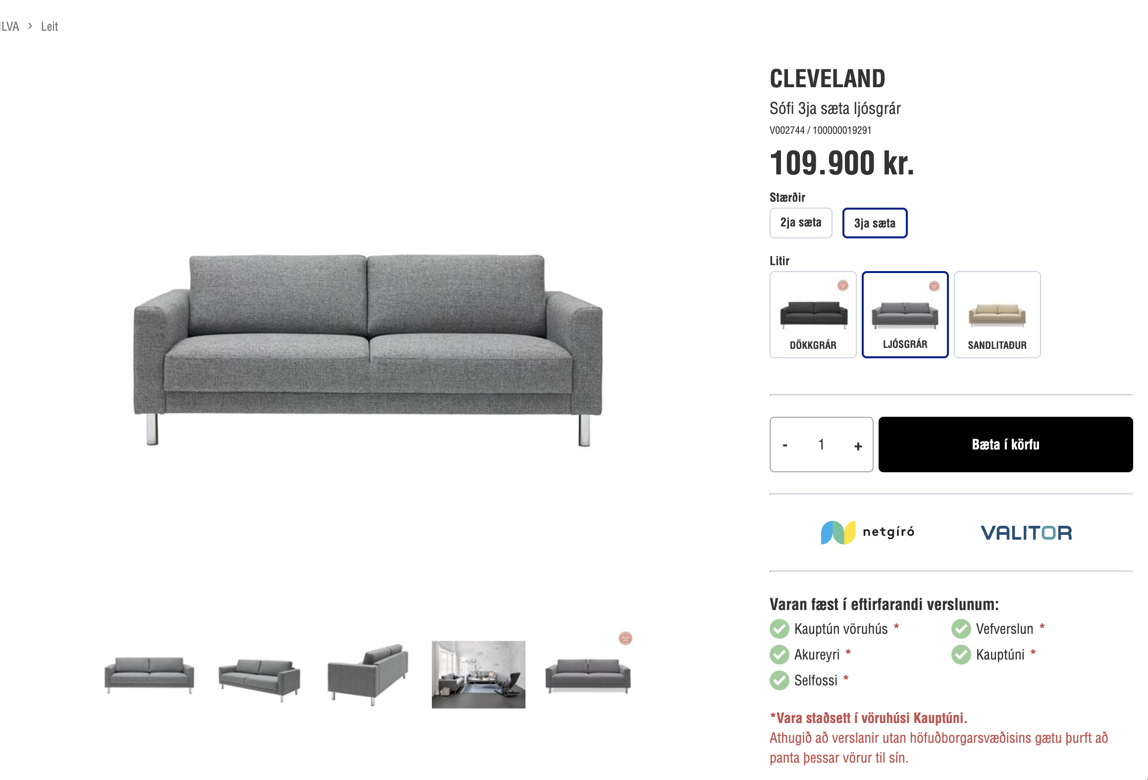 SELT / SOLD Cleveland sófi úr Ilvu, 3ja sæta 4