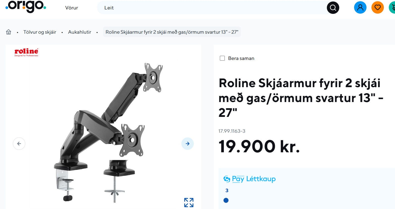 SELT / SOLD Lenovo ThinkVision QHD tölvuskjáir á Roline armi, 27'' 7