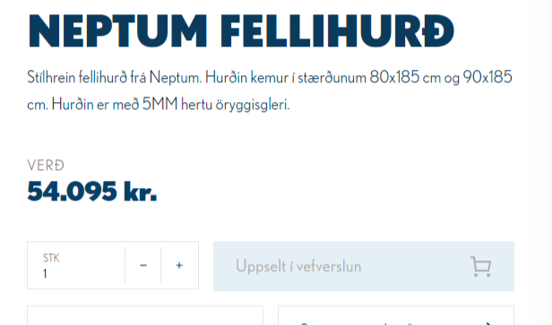 SELT / SOLD - Sturtuhurð - fellihurð Neptum - Byko ónotuð 70sm. breið. 2
