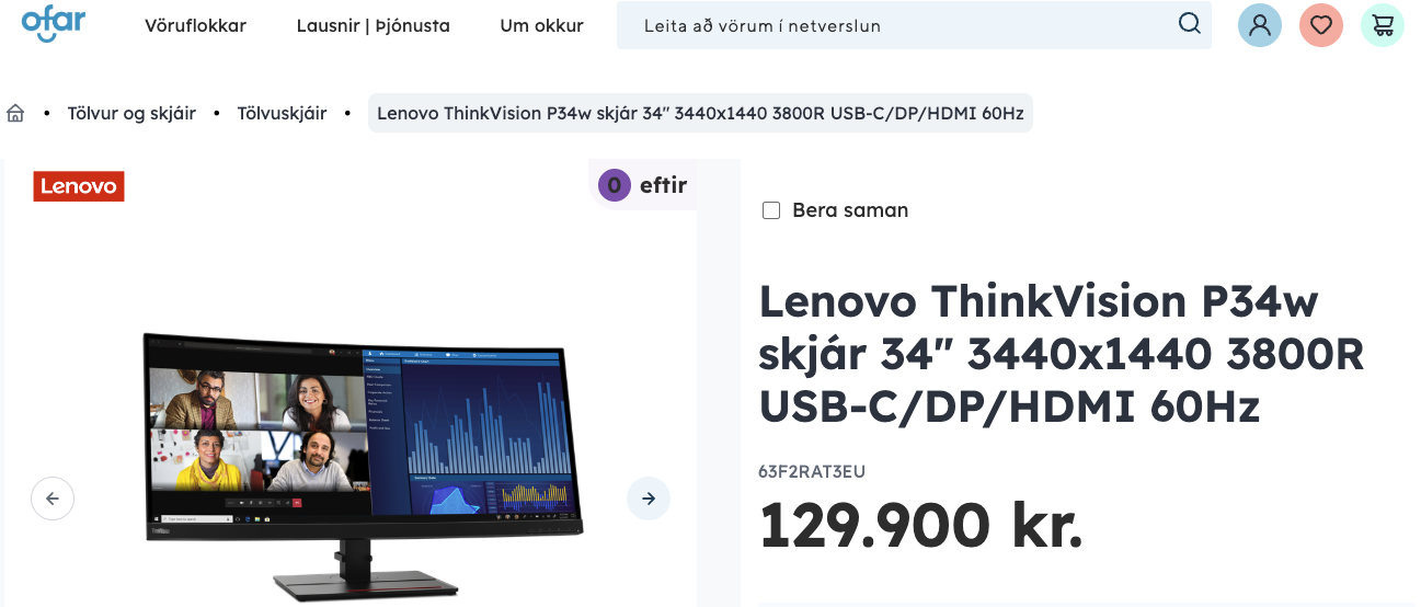 SELT / SOLD Lenovo ThinkVision tölvuskjár frá Ofar, QHD, 34'' 10