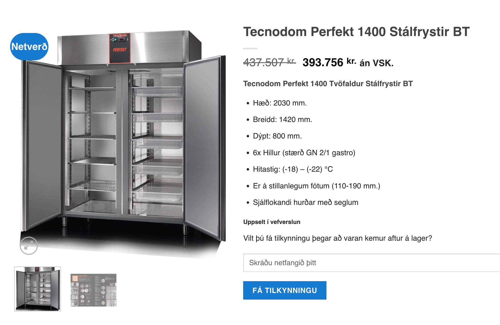 SELT / SOLD Tecnodom Perfekt 1400 stálfrystir - B143 x H205 sm. 7