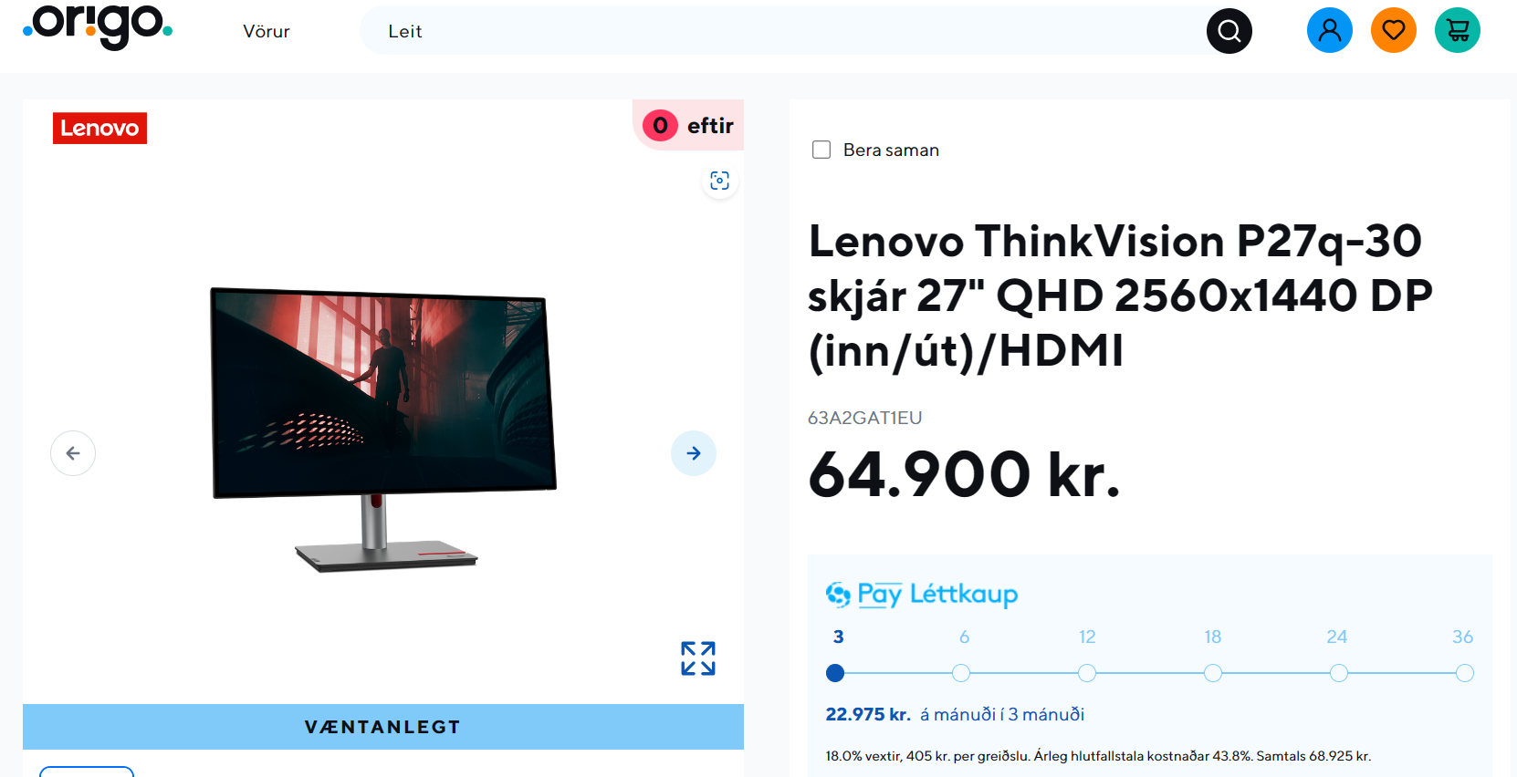 SELT / SOLD Lenovo P27q-20 tölvuskjár 2
