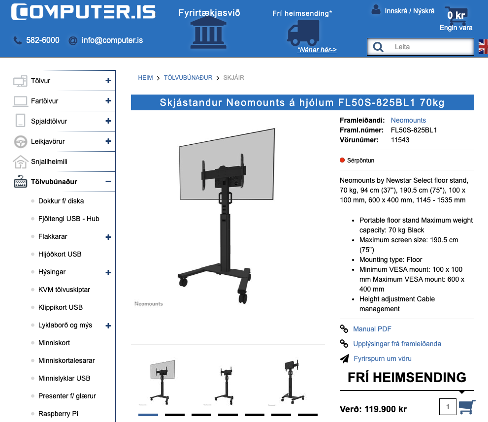 SELT / SOLD Neomounts skjástandur, 75''/70kg. - Ónotaður 3