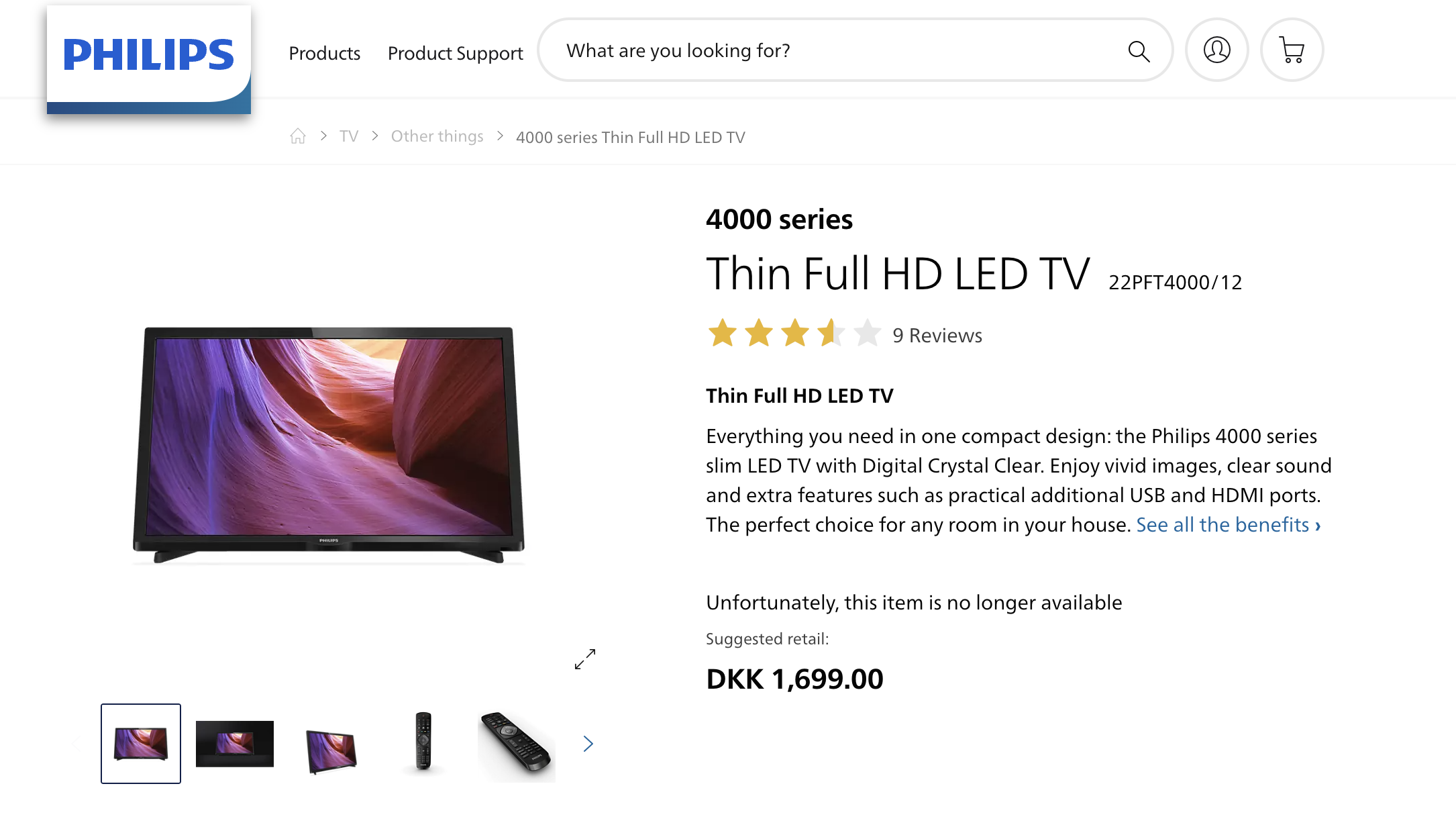 SELT / SOLD Philips flatskjár með armi, Full HD LED TV, 22" 8